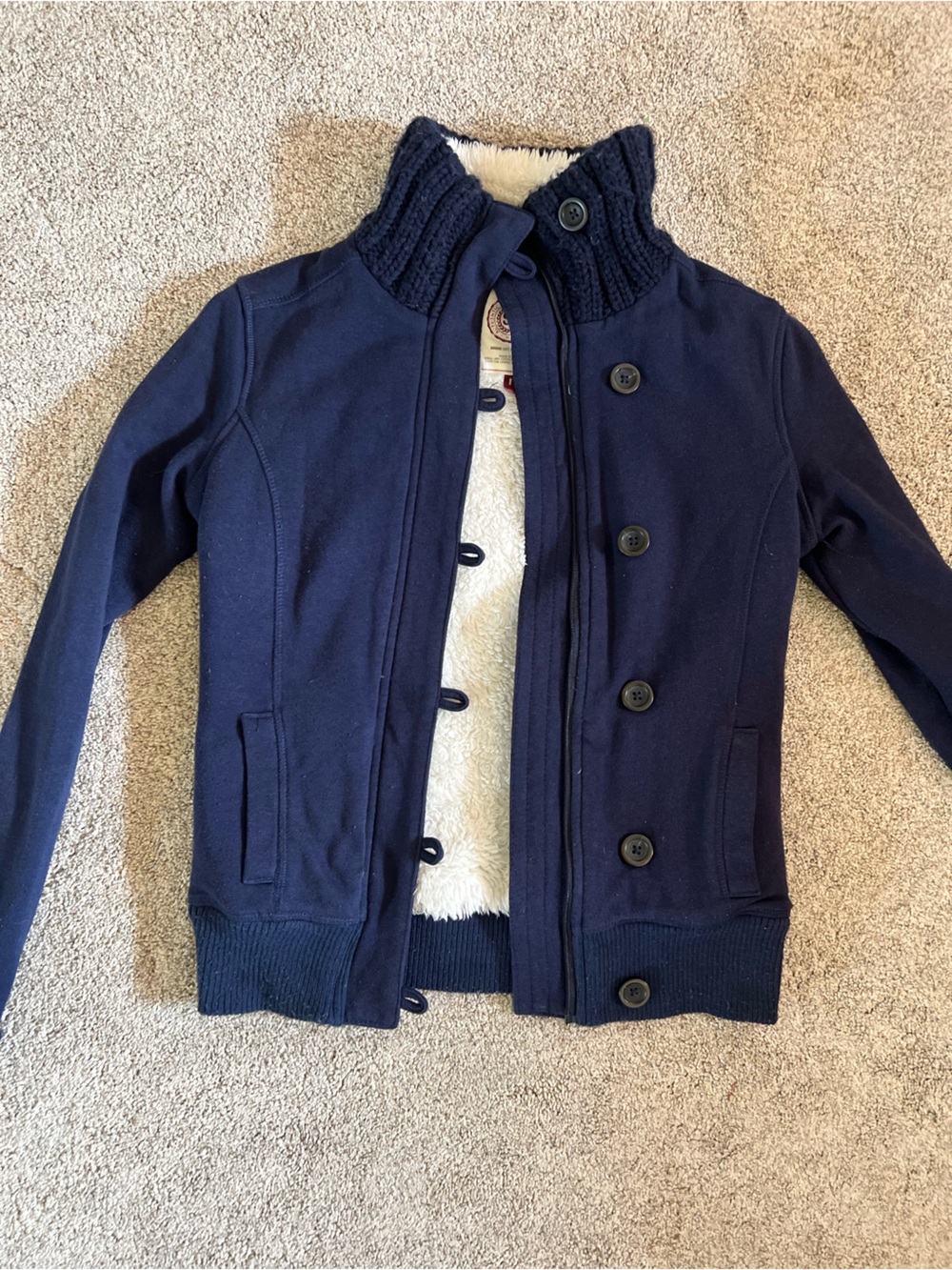 SO Junior Navy Blue Jacket with white Sherpa Lining Zip & Button Closure Small